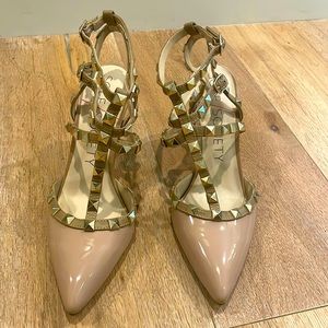 Sole Society tan/beige heels with gold studs.